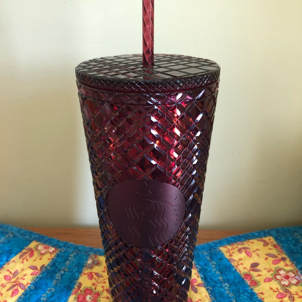 Starbucks Red Burgundy Textured Tumbler 24oz Cup with straw Jeweled Venti New